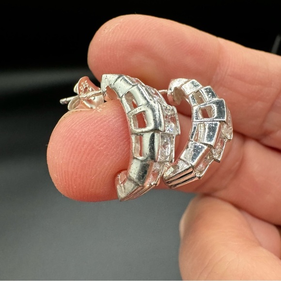 Sparkly Rhodium Plated CZ Half Hoop Huggie Earrings - Pierced - Picture 6 of 12